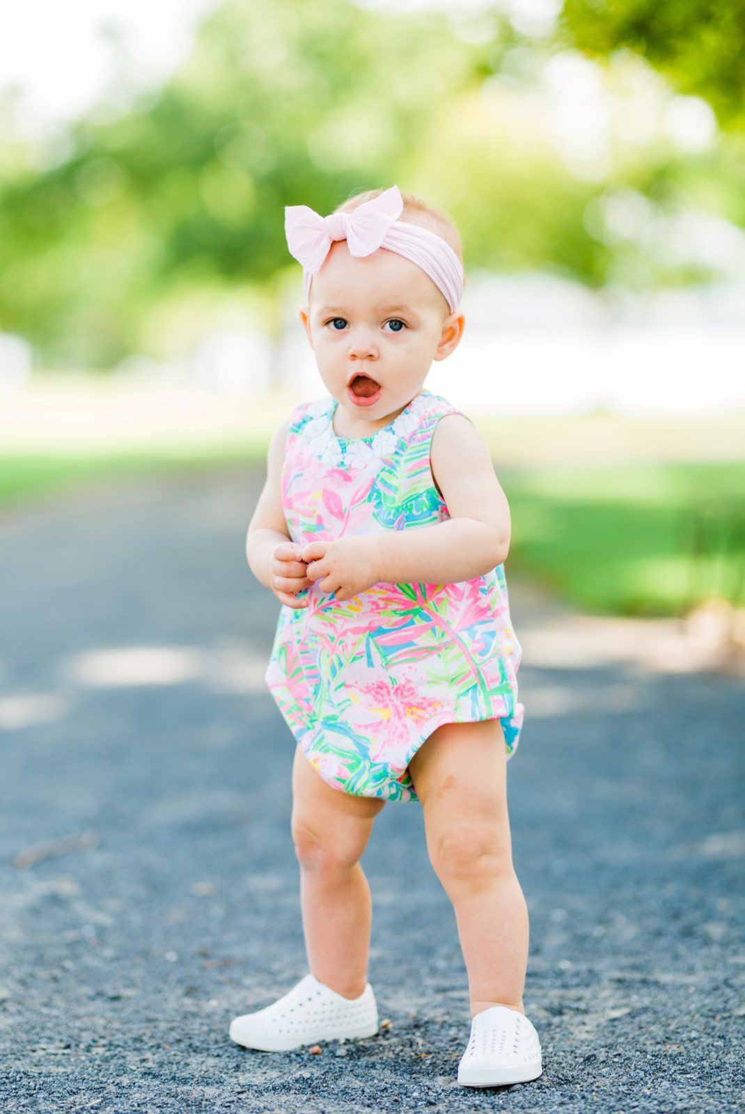Baby girl in Lilly Pulitzer dress at Founders Park in Alexandria, VA