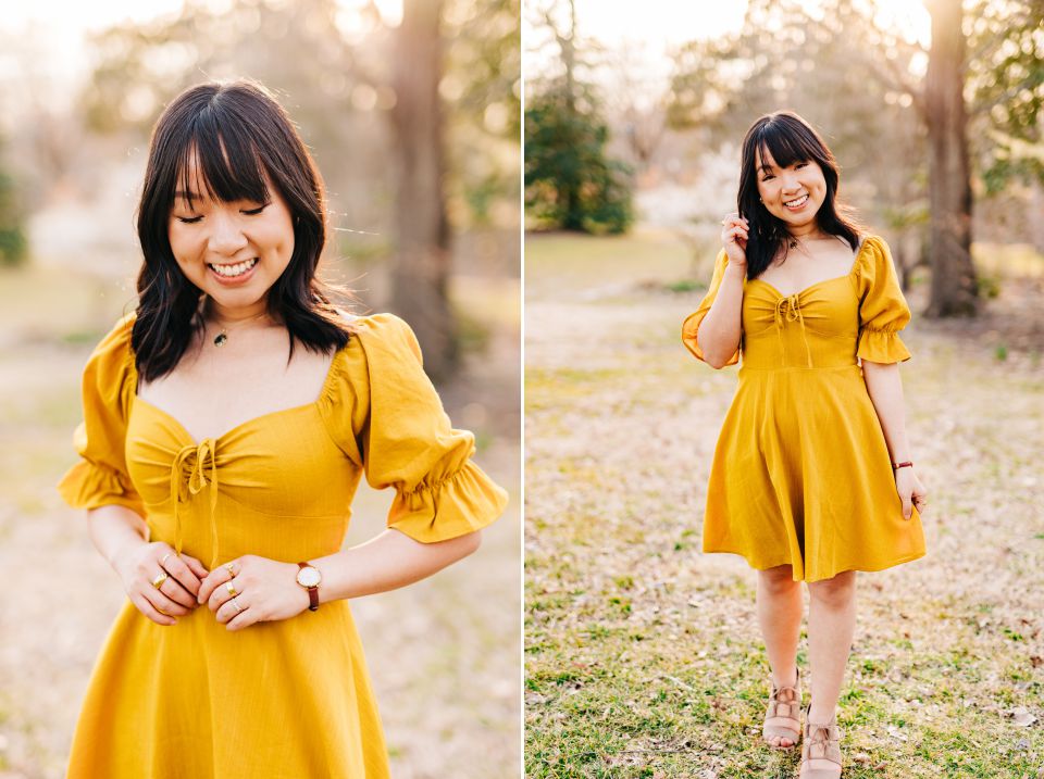 Young woman posing in yellow dress at Green Spring Gardens in Alexandria, VA