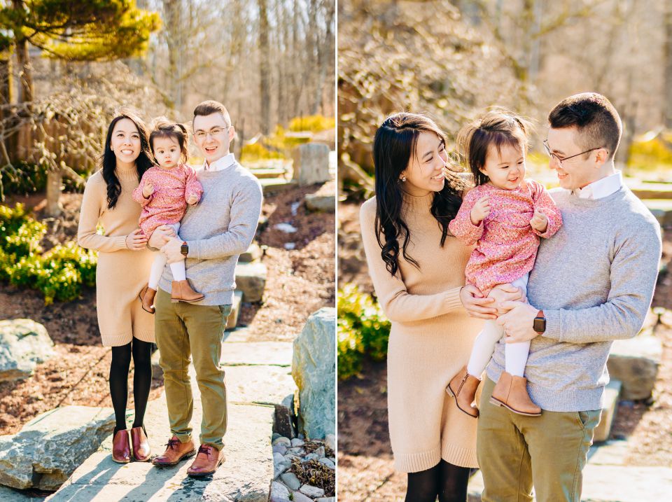 Young family posing for a family session at Brookside Gardens in Wheaton, MD
