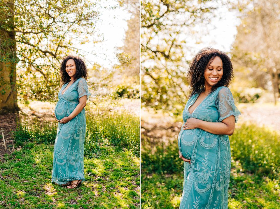 young woman posing for a maternity session at Green Spring Gardens in Alexandria, VA
