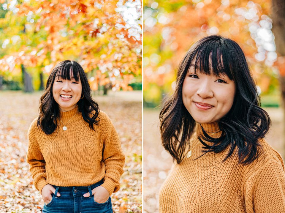 Young woman in yellow sweater and jeans surrounded by fall foliage at Ford Ward Park in Alexandria, VA