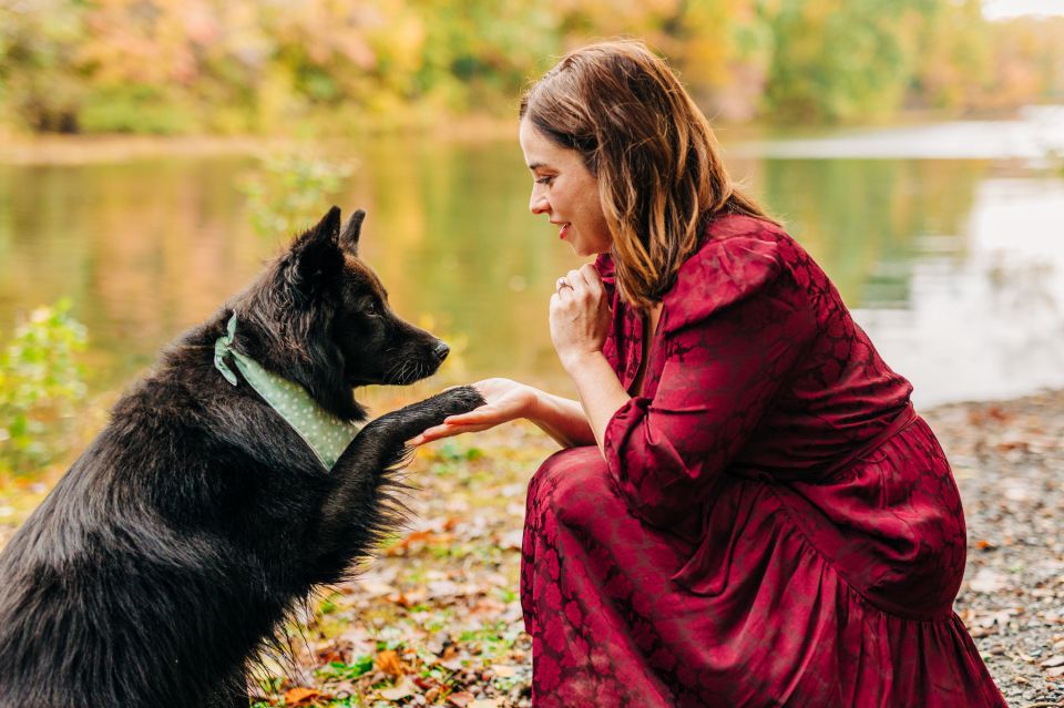 Woman in red dress playing with black sheltie-shepherd mix at Burke Lake in Springfield, VA