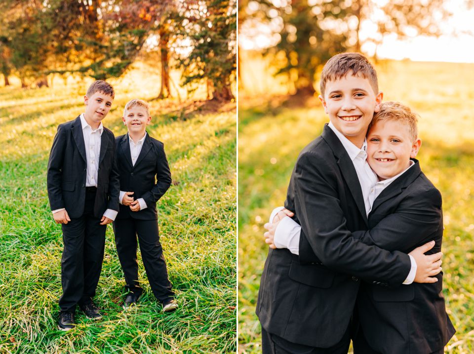 Young boys in suits posing for family photos at Manassas Battlefield Park