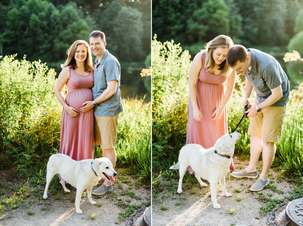 Family and dog posing for a maternity session at Lake Mercer in Springfield, VA