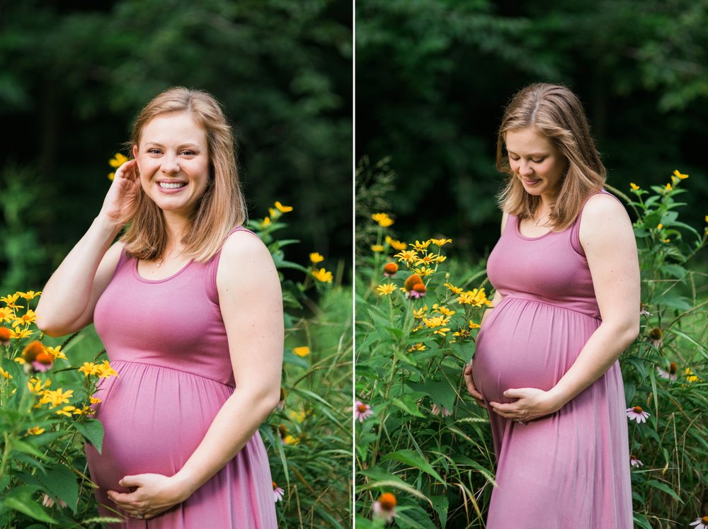 Pregnant woman posing for a maternity session at Lake Mercer in Springfield, VA