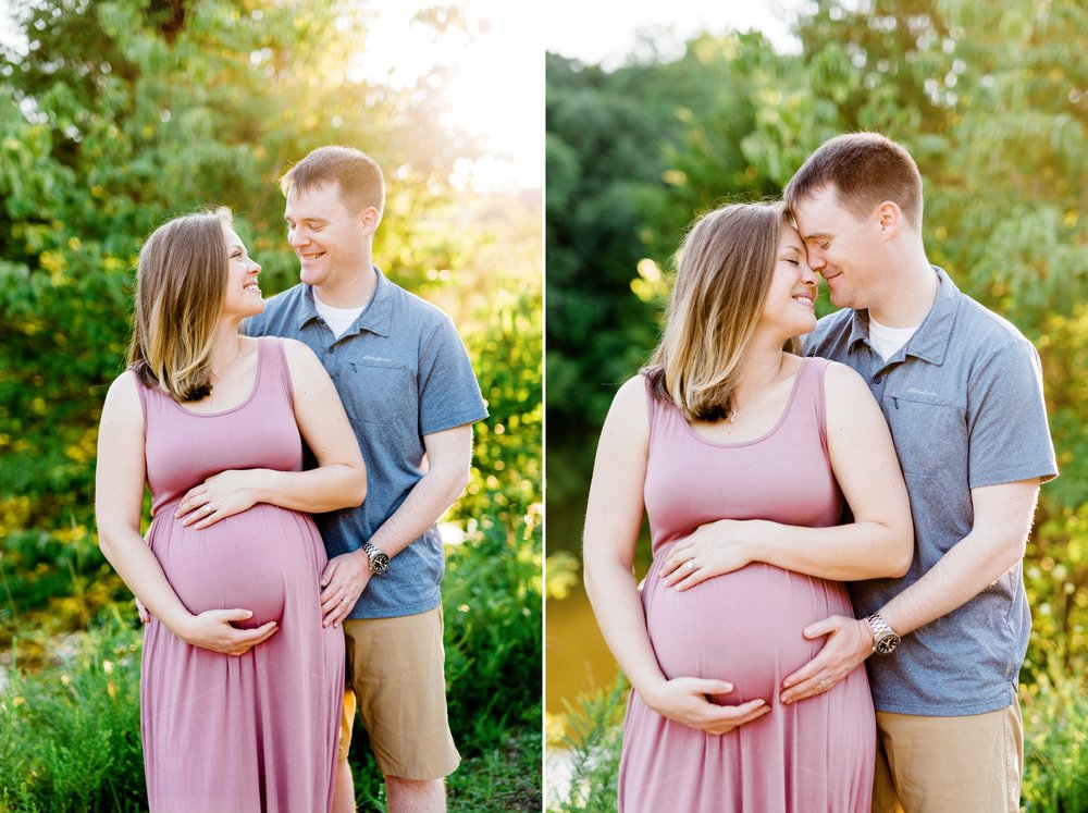 Couple posing for a maternity session by Lake Mercer in Springfield, VA