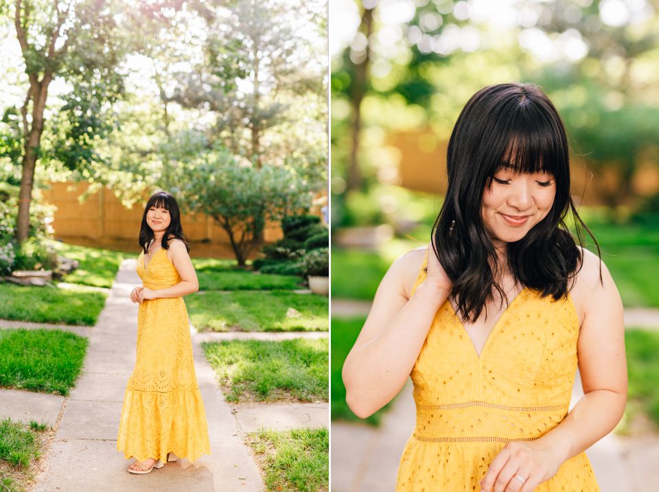 Young Asian woman posing in long yellow dress in Alexandria, VA